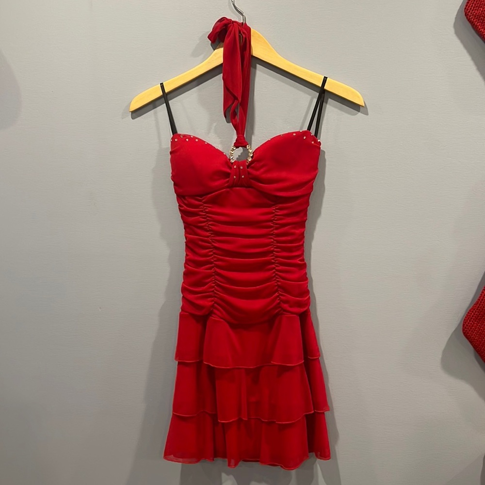 Red strapless dress for dance costume. Crystals added.